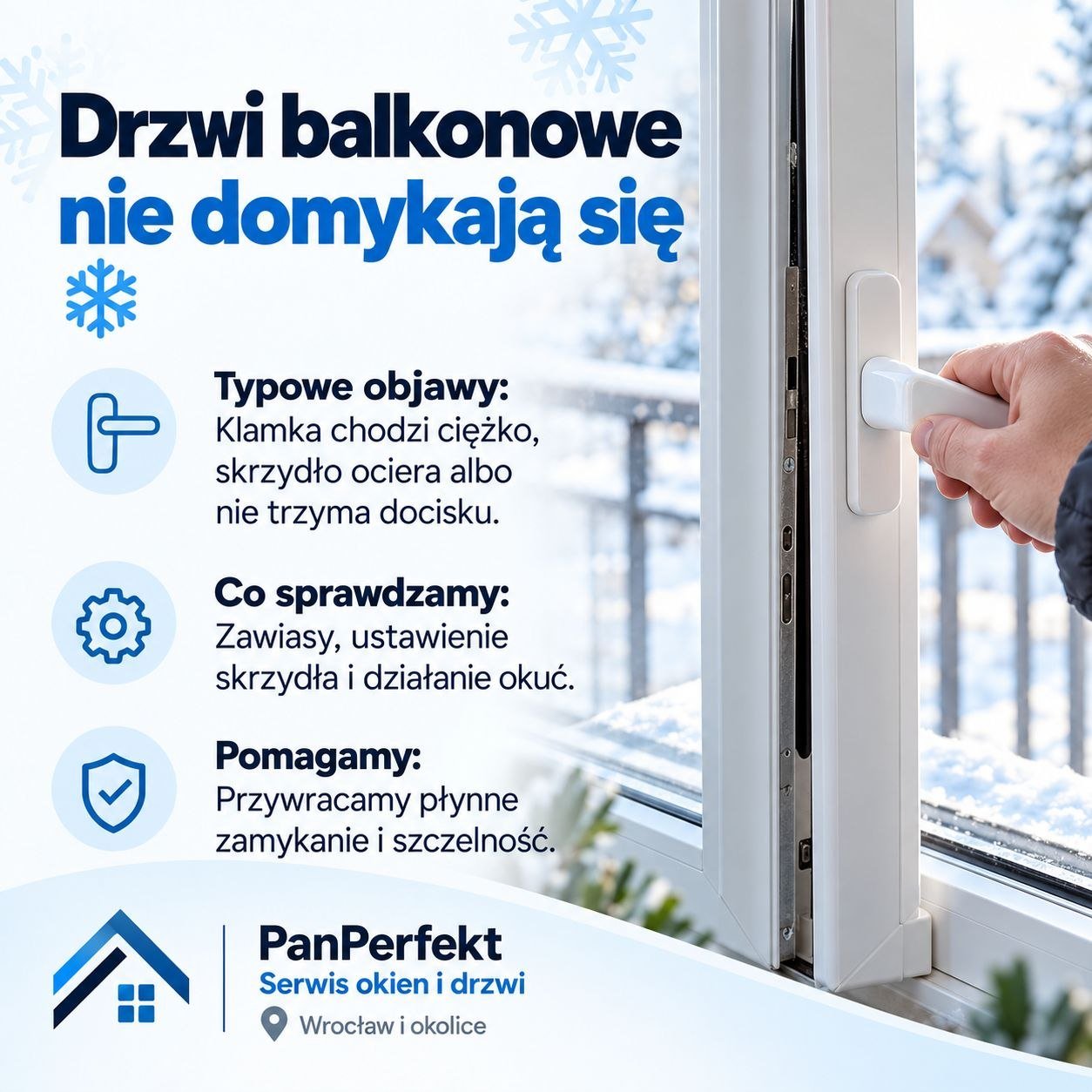 Uchylone białe drzwi balkonowe PCV z klamką i dolnym zawiasem w mieszkaniu w bloku